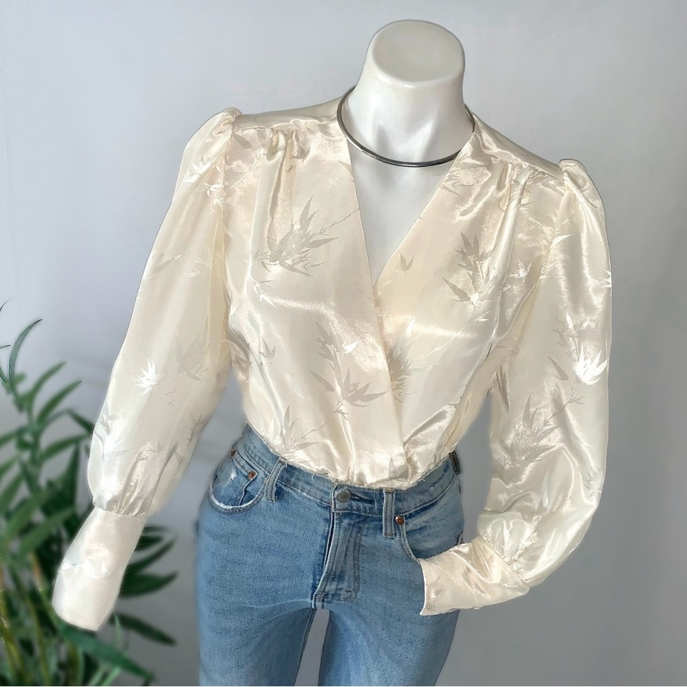 v i n t a g e :: Surplice Brocade Satin Blouse Bishop Puff Sleeves